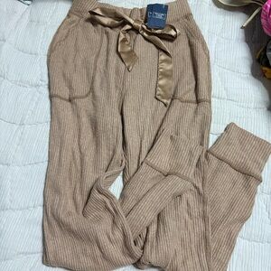 Abercrombie & Fitch Ribbed Joggers with Satin Tie - Tan